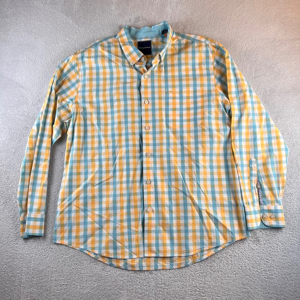 Tommy Bahama Mens XL Pima Cotton Gingham Button Down Shirt Yellow Blue Plaid
